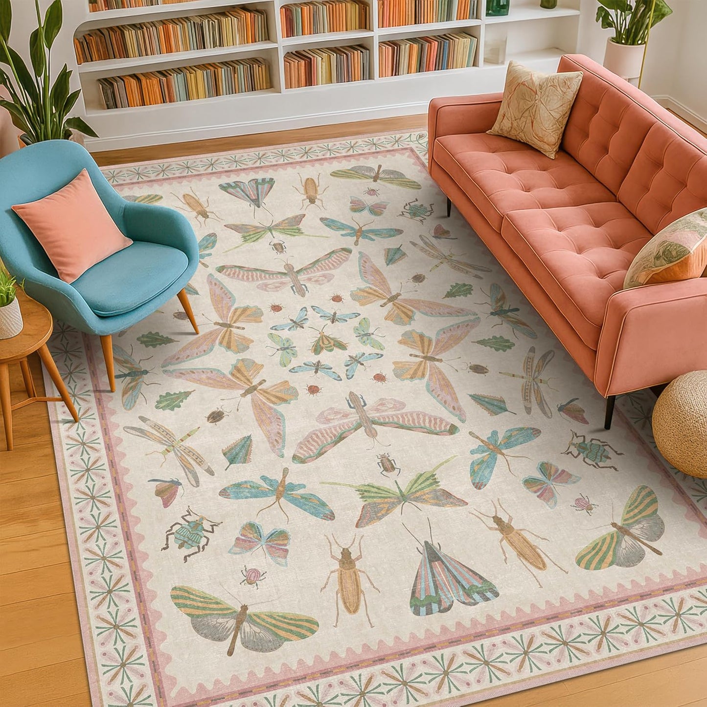 Hazo Haus Washable 5x8 Light Pink Rug for Bedroom - Pink Boho Girl Nursery Rug, Living Room, Nature Insect Bug Print Home Decor