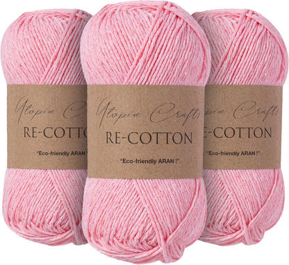 Re-Cotton Knitting Yarn 3X 100g / 3.52oz (Light Pink, 3 Pack)