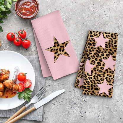 Preppy Pink Leopard Star Kitchen Towels Decorative, Trendy Y2K Girly Cheetah Print Hand Towels for Girls Dorm Bathroom Washroom Spa Yoga Room, 16x24 Inch Set of 2