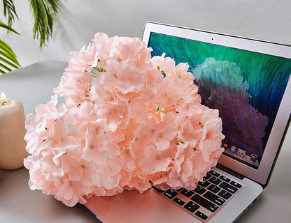 10Pcs Artificial Hydrangea Flowers Blush Heads Fake Hydrangea Silk Flowers for Wedding Centerpieces Bouquets DIY Floral Decor Home Decoration with Stems(VASE NOT Included)