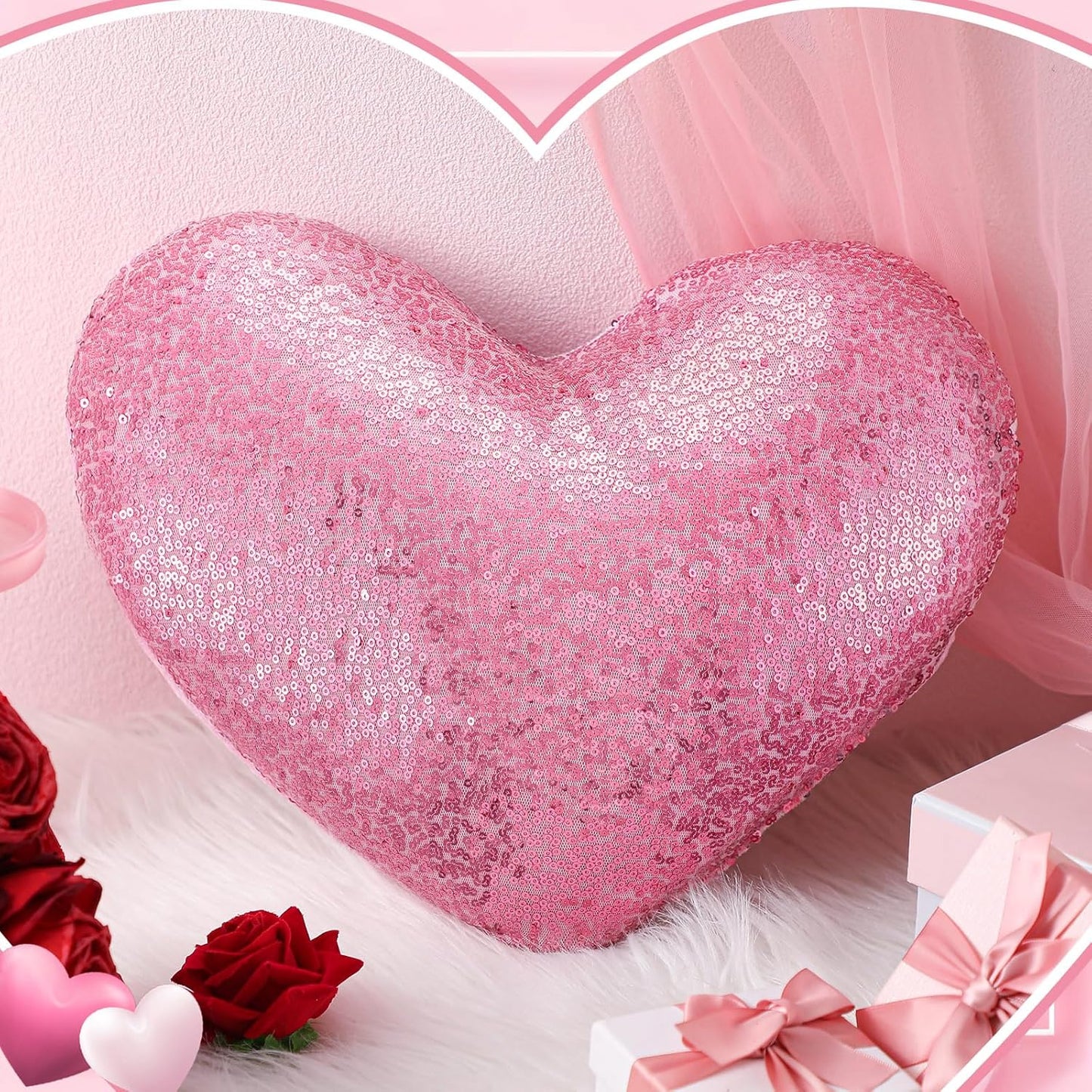 Yookeer Glitter Sequins Heart Shaped Pillow 14'' x 12' Decorative Sparkling Throw Pillows Solid Soft Shiny Cushion for Women Girls Wedding Anniversary Bed Couch Decor(Pink)
