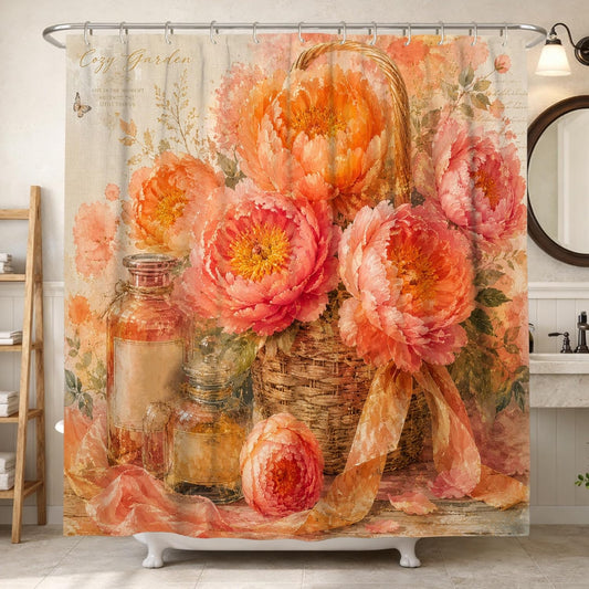 Peony Shower Curtain, Vintage Floral Basket Glass Jar Spring Peach Polyester Waterproof Toile Cloth Shower Curtains Decor for Bathroom Guest Room 72x78 Inch