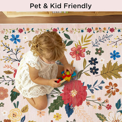 5x7 Washable Rug for Living Room, Pink Floral Area Rug, Non Slip Low Pile Soft Flower Carpet, Large Rugs for Bedroom, Dining Room, Office, Kids Playroom, Nursery, Pink/Beige