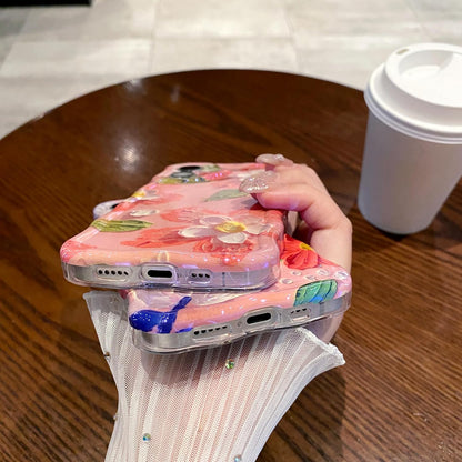 Case for iPhone 16, Colorful Retro Oil Painting Printed Flower Laser Glossy Pattern Cute Curly Wave Edge Exquisite Phone Cover Stylish Durable TPU Protective Case (Peach)
