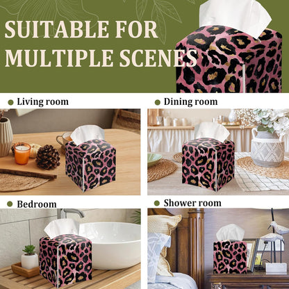 Pink Leopard Print Decorative Leather Tissue Box Cover - Tissue Box Holder Gifts for Women Family and Friends Funny Unique Home Decor Decorative for Kids Room Kitchen Bathroom Office - A01