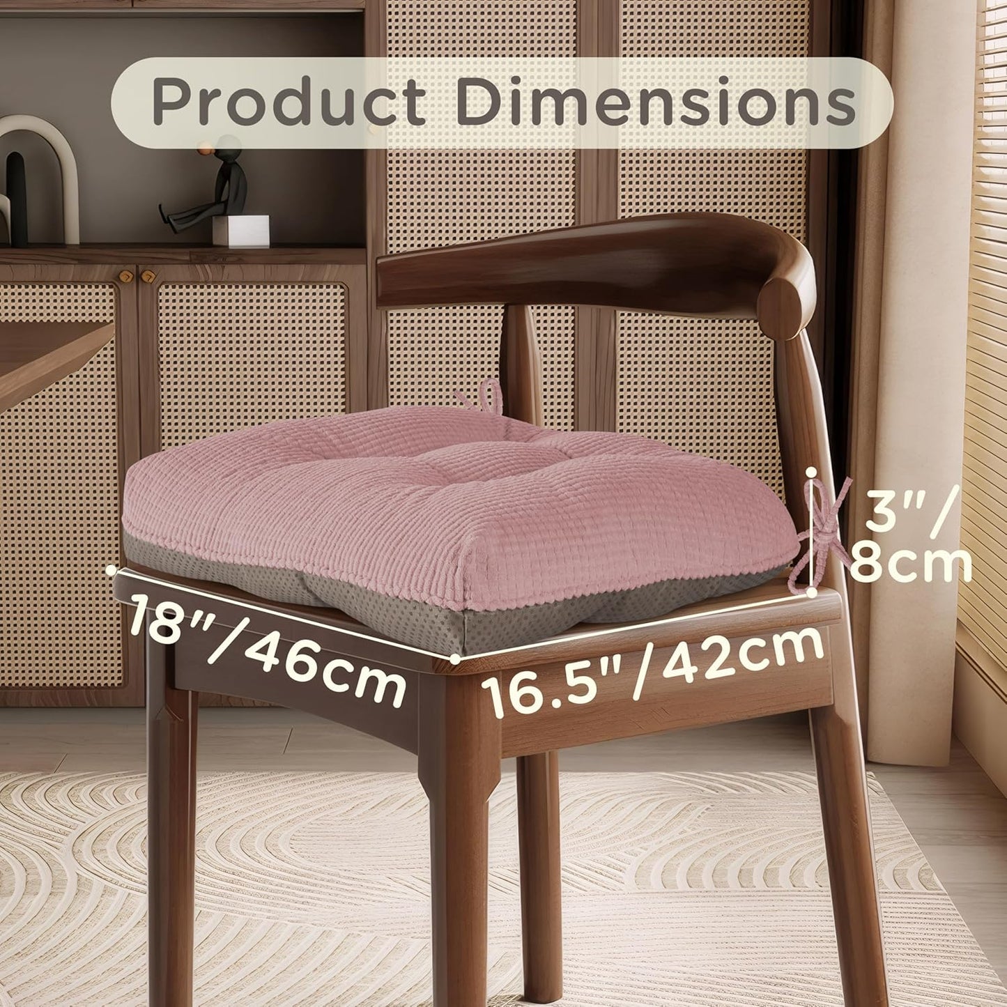 Kitchen Chair Cushions for Dining Chairs Set of 2, Tufted Kitchen Seat Cushions with Ties and Non-Slip Bottom 18"X16.5"X3" Light Pink