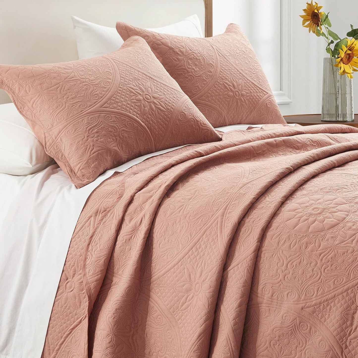 IR Imperial Rooms King Quilt Bedding Set Size (106" x 96") + 2 Pillow Shams (20" x 36"+ 2") - 3 Pcs All Season Lightweight Microfiber Coverlet Floral Embossed Quilt Bedspread (Baby Pink/Peach)