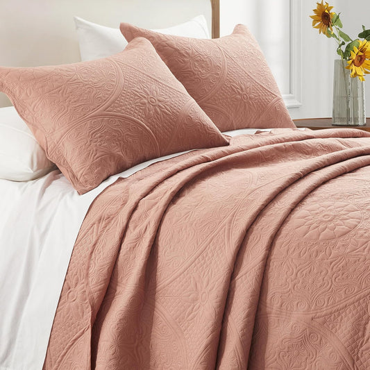IR Imperial Rooms King Quilt Bedding Set Size (106" x 96") + 2 Pillow Shams (20" x 36"+ 2") - 3 Pcs All Season Lightweight Microfiber Coverlet Floral Embossed Quilt Bedspread (Baby Pink/Peach)