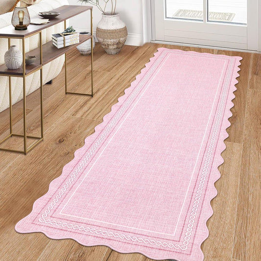 GarveeHome Scalloped Washable Rugs 2x6 Hallway Runner Non Slip Kitchen Rugs Soft Non Shedding Low Pile Entryway Rug Stain Resistant Carpet for Bath Laundry Room, Pink