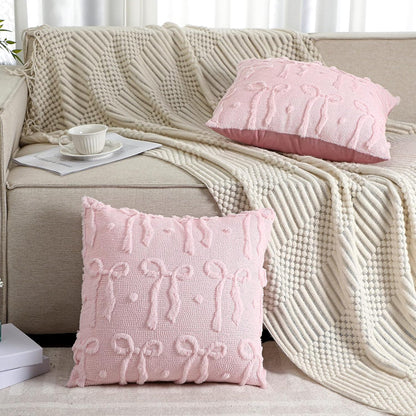 Mixweer Pink Bow Throw Pillow Covers 18x18 Set of 2 Coquette Decorative Pillow Covers Soft Plush Faux Wool Aesthetic Pillowcases Preppy Room Decor for Bed Sofa Couch Living Room