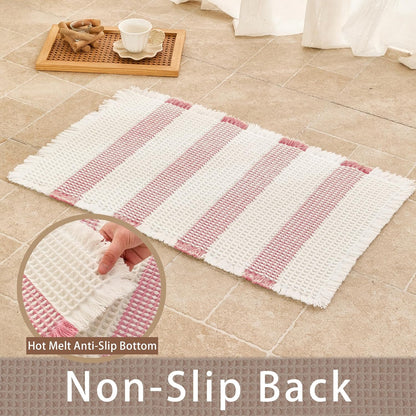 Waffle Bath Mat Non Slip, Boho Bathroom Rug, Super Absorbent Quick Dry Bathroom Mat, Soft Farmhouse Bath Rug with Tassels, Small Washable Shower Mats for Floor 20"x32", White and Pink