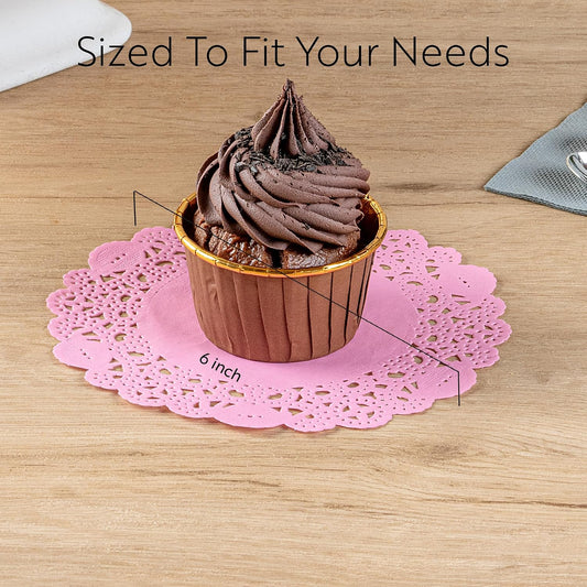 Pastry Tek 6 x 6 Inch Lace Doilies, 100 Decorative Tableware Placemats - Disposable, Round, Pink Paper Table Doilies, For Birthdays, Or Weddings, Table Decor - Restaurantware