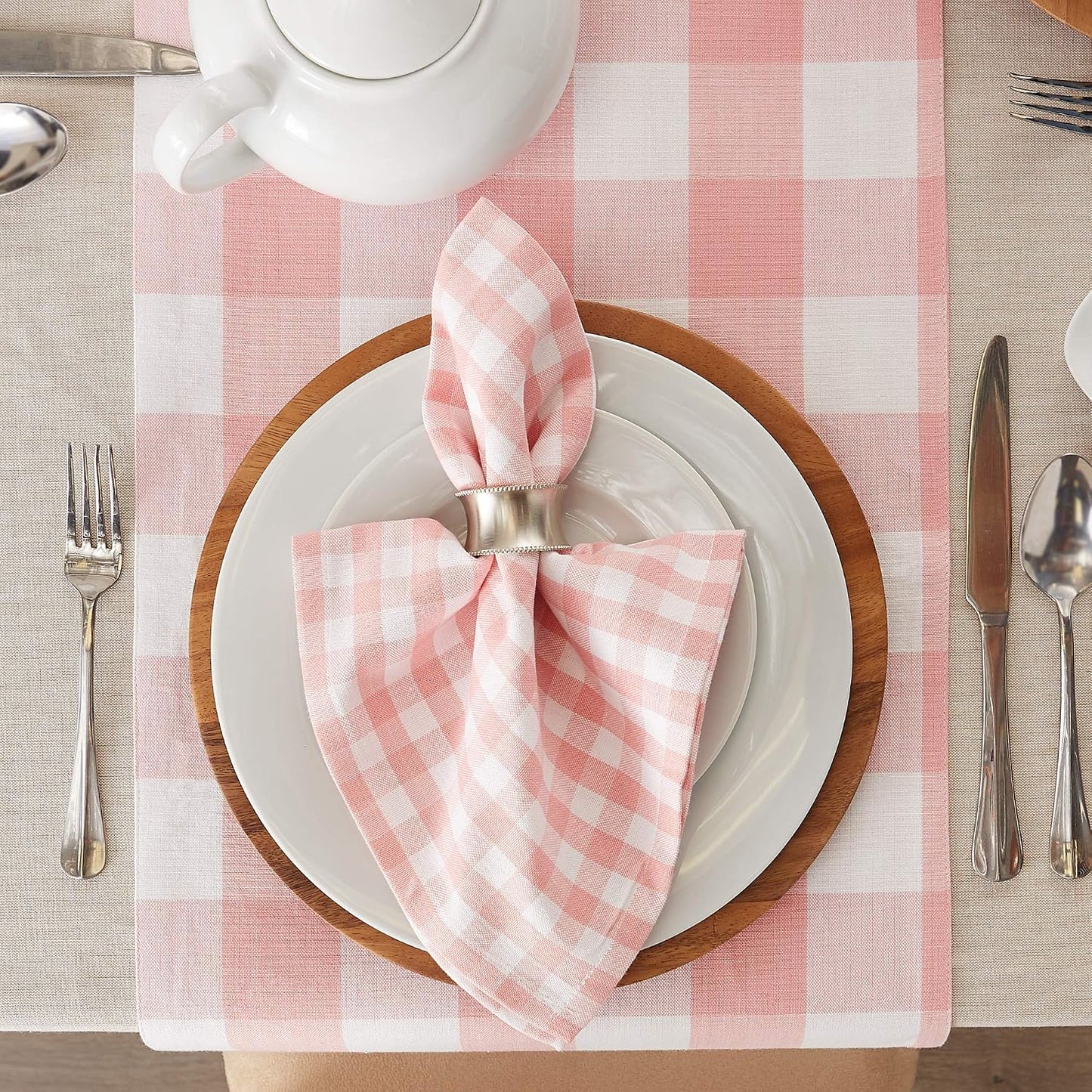 DII Gingham Check Tabletop Collection, Pink, Table Runner, 14x72