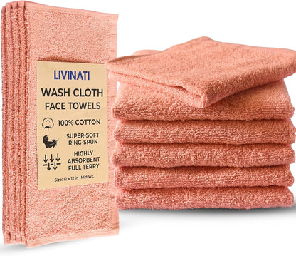 Peach 100% Cotton Wash Cloths for Showering Body and Face - 12"X12" 6 Pack Washcloths - Small Terry Towel Bath Rags for Adults and Kids Bathroom - Soft Absorbent