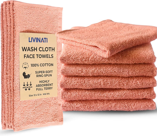 Peach 100% Cotton Wash Cloths for Showering Body and Face - 12"X12" 6 Pack Washcloths - Small Terry Towel Bath Rags for Adults and Kids Bathroom - Soft Absorbent