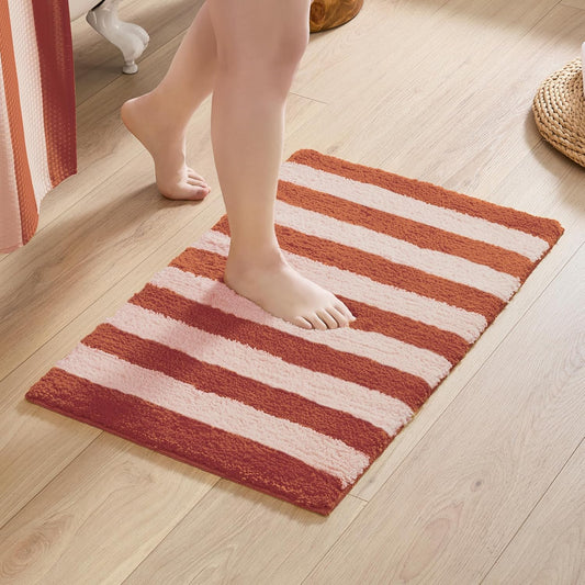 MONDAY MOOSE Bath Mat with Striped Design, Microfiber Absorbent Non Slip Tufted Rug for Floor, Shower or Kitchen (20x32 inch, Blush)
