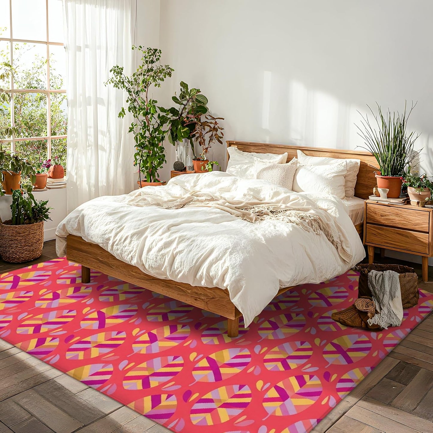 Flower Area Rug, Modern Vibrant Stripes Geometric Spring Peach Low Pile Sponge Soft Rectangle Carpet Stain Resistant Rugs for Living Room Bedroom New Home Dining Decor 5' X 7'