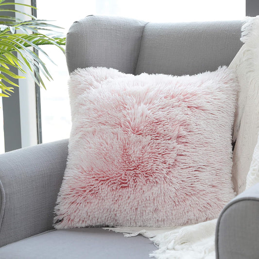 Uhomy Fluffy Accent Pillows Cover 18"x18", Soft Pink Ombre Faux Fur Throw Pillow Case, Modern Luxury Decorative Square Cushion Cover for Farmhouse Home Decor for Sofa/Bed/Chair, 45x45cm Single