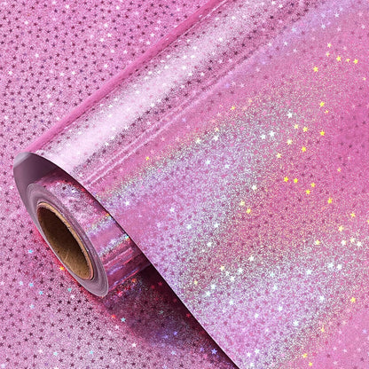 RUSPEPA Pink Holographic Wrapping Paper Roll for Girls, Valentine's Day Pink Stars Gift Wrap for Birthday, Wedding, Mother's Day, Christmas, 17 Inches x 16.4 Feet
