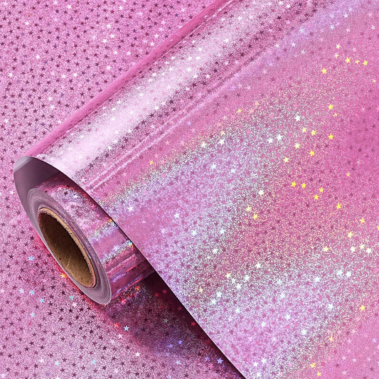 RUSPEPA Pink Holographic Wrapping Paper Roll for Girls, Valentine's Day Pink Stars Gift Wrap for Birthday, Wedding, Mother's Day, Christmas, 17 Inches x 16.4 Feet