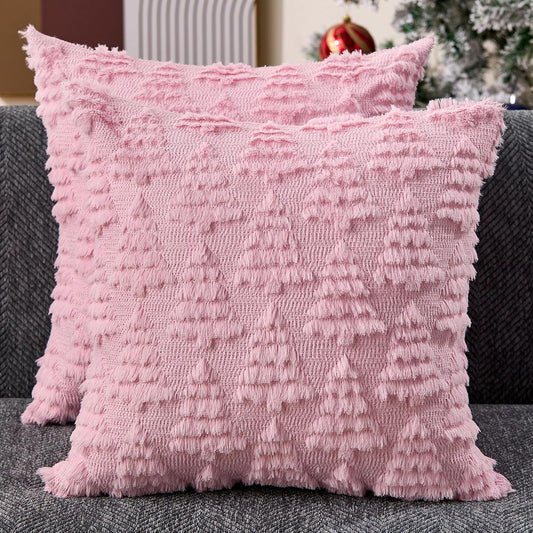 Allorry Christmas Pillow Covers 18x18 Set of 2 Christmas Decoration Pink Xmas Tree Pillow Cases Plush Faux Fur Soft Cushion Case for Winter Xmas Holiday Home Bedroom Sofa Decors SY-003-E18