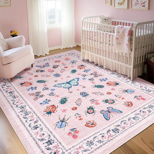 Floral Butterfly Pink Rugs for Bedroom Girls Nursery 5x8, Insect Printed Rug for Living Room Dining Room Under Kitchen Table, Washable Low Pile Cute Vintage Bug Moth Light Pink Carpet Home Decor