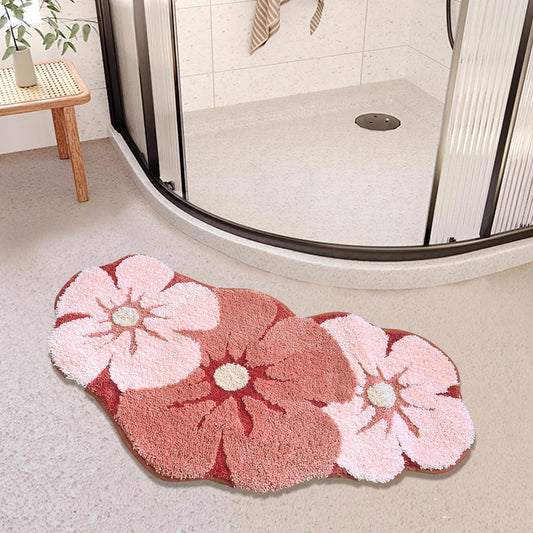 Cute Curved Bathroom Rug Mat, Pink Microfiber Fun Flower Shape Corner Rug Half Round Bath Mat for Bathroom Non Slip Soft Kids Shower Rug Water Absorbent Floor Camber Door Mat for Indoor Bathtub Décor