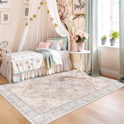 4x6 Bedroom Rug, Soft Non-Slip Vintage Medallion Rug, Low-Pile Printed Indoor 4x6 Washable Area Rugs for Living Room, Bedroom Bedside -Light Blush/Cream