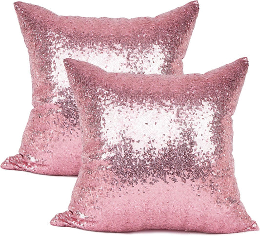 YOUR SMILE Pack of 2, New Luxury Series Solid Color Pink Decorative Glitzy Sequin & Comfy Satin Throw Pillow Cover Cushion Case for Wedding/Christmas,20 x 20 inch