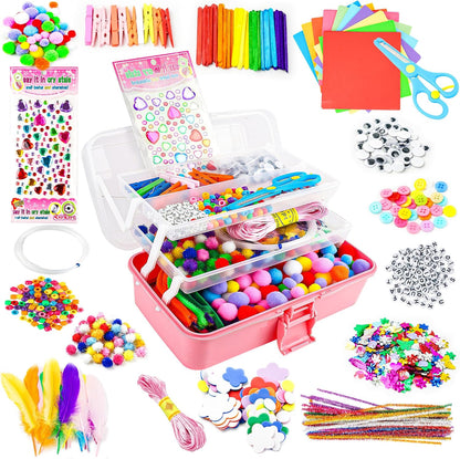 SMILESSKIDDO Arts Craft Supplies for Kids - 1400+ PCS Toddler DIY Craft Art Supply Set, Portable 3 Layered Folding Storage Box School Craft Projects - Gifts for Girls Ages 4-8, 8-12, Pink