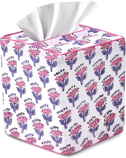 CPC Pink Sapphire Hand Block Printed Cotton Tissue Box Cover 5" x 5" x 5.5" Square Soft Reusable Boho Napkin Holder for Home Kitchen Dining Bathroom Office Cafe Spa, Gift for Spring, Mother's Day