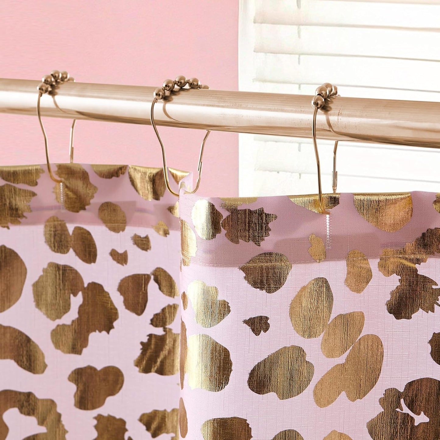 Juicy Couture 70"x72" Fabric Shower Curtain with 12 Hooks, Blush Gold Leopard 13-Piece Shower Set