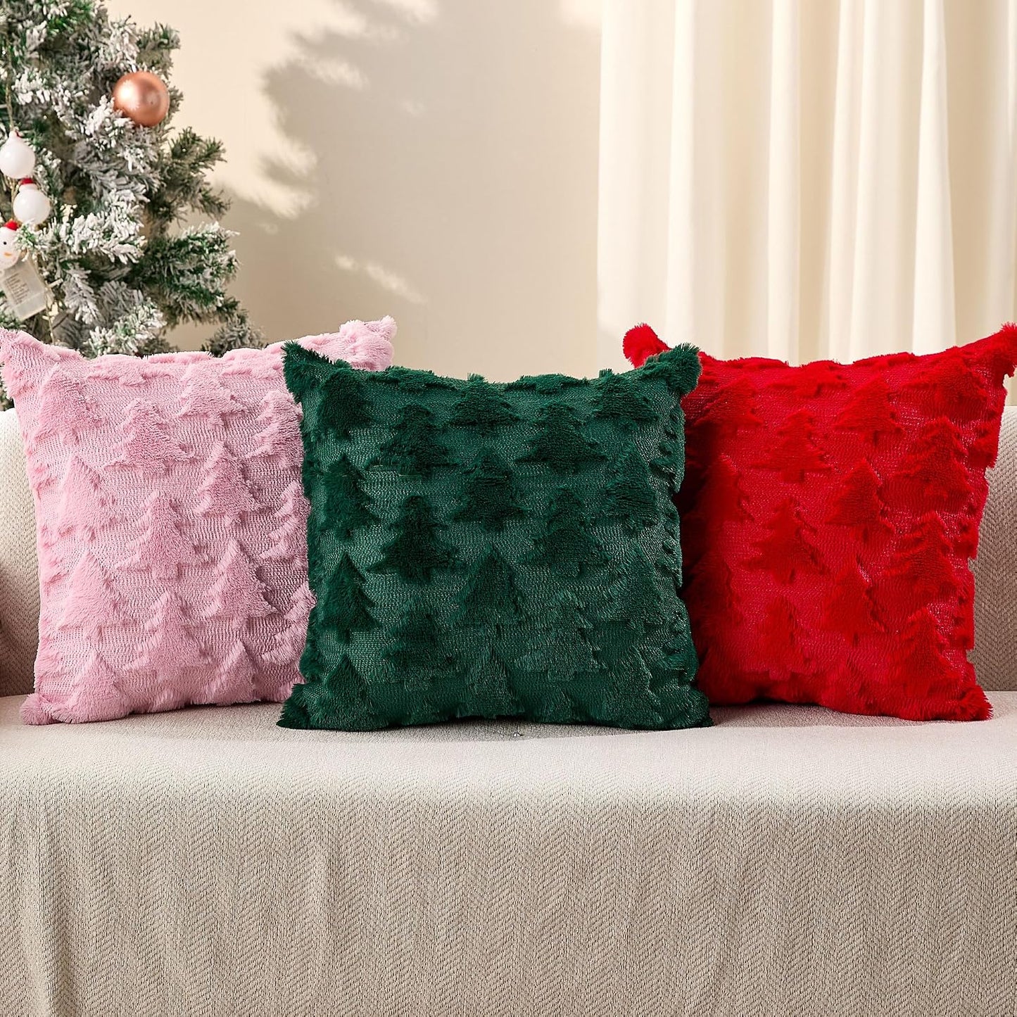 DFXSZ Christmas Pillow Covers 18x18 inch Set of 2 Pink Christmas Tree Decoration Soft Plush Faux Fur Jacquard Throw Pillows for Bedroom Sofa Holiday Festivals Winter Home Decor PTK070D18