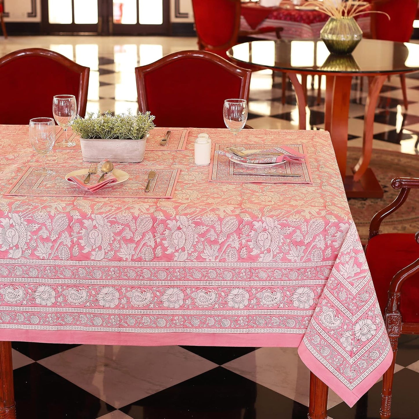 Labhanshi Indian Handblock Print Floral Table Cloth|100% Cotton Canvas Table Cover |60x90 Inch 6-Seater Rustic Farmhouse Boho Mother's Day Festive Holiday Decor for Dining Table|Pink Rose