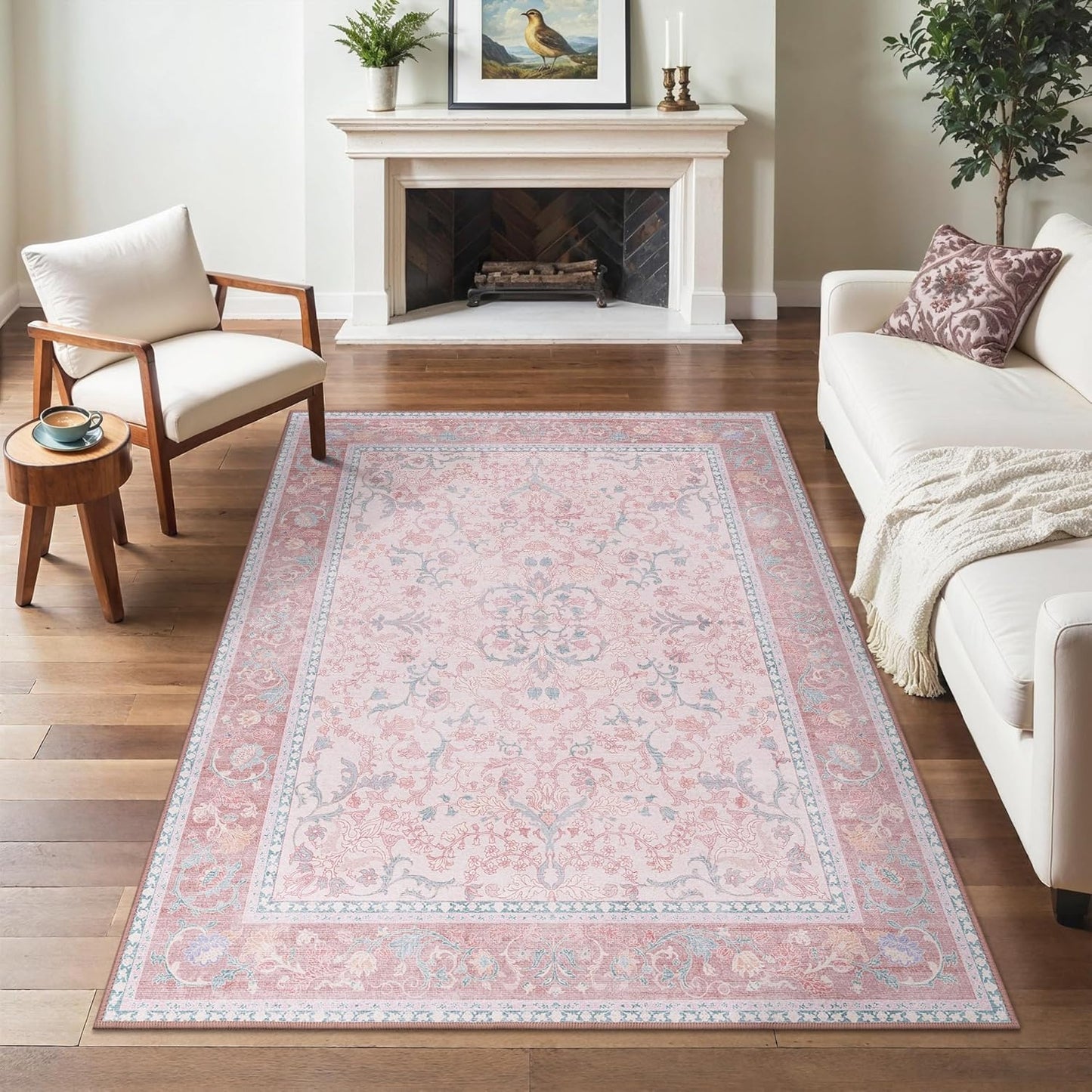 Pink Area Rug 4X6 Washable Rugs for Bedroom Girls Floral with Non Slip Backing, Low Pile Carpet for Entryway, Kitchen or Living Room, Light Pink Blue