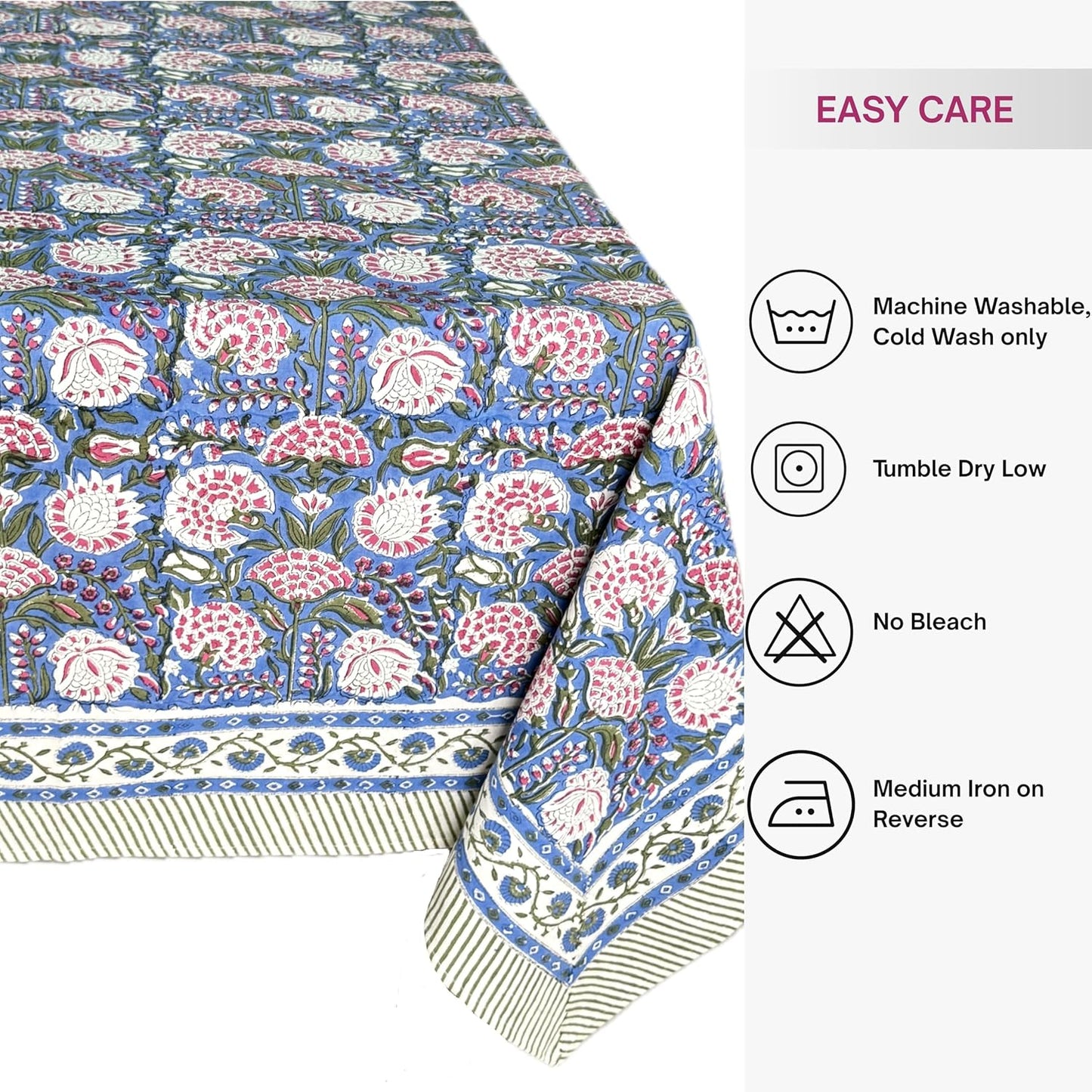 ATOSII Clover Pink 100% Cotton Fall Tablecloth, Handblock Print Rectangle Table Cover for Kitchen Dining Linen I Parties, Weddings, Outdoors, Easter Table Cloth Decor 60 X 90 Inches I 6 Seater