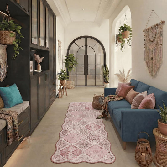 Moroccan 2x6 Runner Rug for Hallways, Unique Scalloped Ultra-Thin Soft Washable Rug, Non-Slip Stain Resistant Lightweight Low-Pile Carpet for Living Room Bedroom Dining Room Office (Pink)
