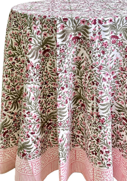 ATOSII Nargis Pink 100% Cotton Round Block Print Summer Tablecloth, Floral Table Cloth Linen for Dining Parties Weddings Outdoors Holidays I 60" Inches Round, 4 Seater I Grandmillennial Farmhouse Boho