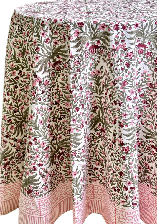 ATOSII Nargis Pink 100% Cotton Round Block Print Summer Tablecloth, Floral Table Cloth Linen for Dining Parties Weddings Outdoors Holidays I 60" Inches Round, 4 Seater I Grandmillennial Farmhouse Boho