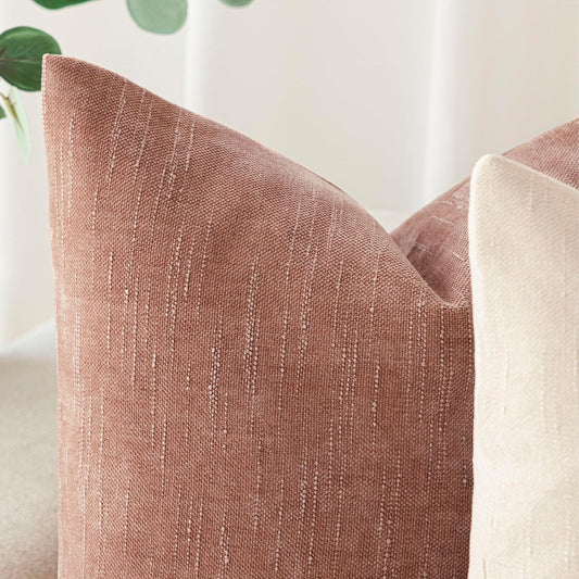 Foindtower Pack of 2 Textured Chenille Throw Decorative Pillow Covers Square Accent Solid Cushion Cover Neutral Farmhouse Pillow Case for Couch Sofa Bedroom Living Room 18x18 Inch,Dusty Pink