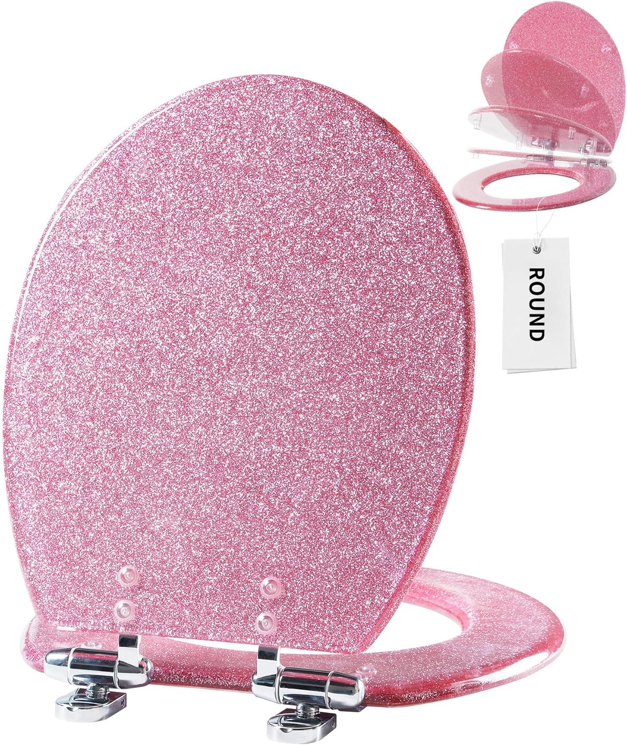 Angol Shiold ROUND Resin Toilet Seat Glitter Pink Soft Close Quick Release Adjustable Metal Hinge Easy to Install also Easy to Clean Decorative Acrylic Seats (17 Inch, Pink Glitter, Ugraded hinge)