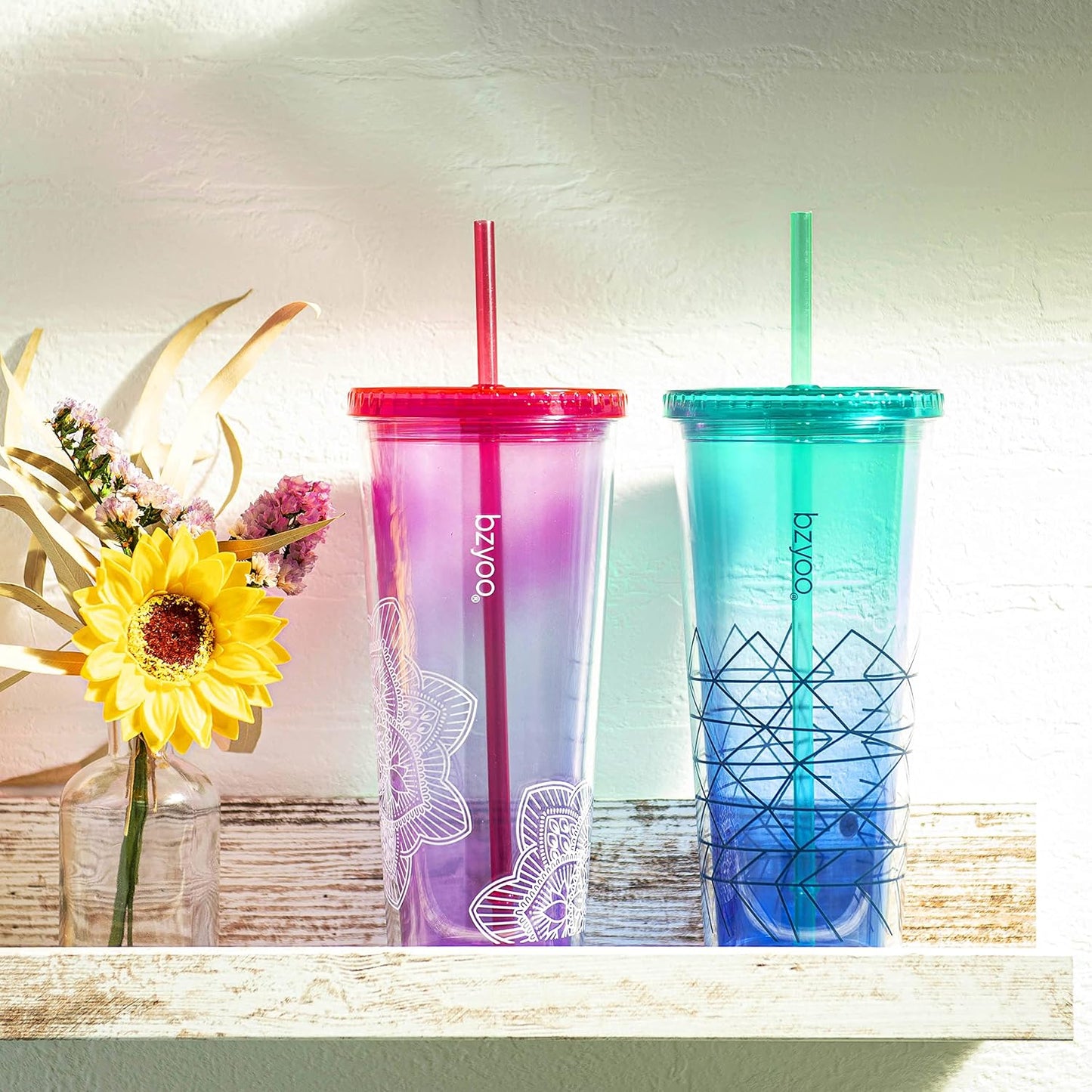 bzyoo SIP 24oz (710ml) Double Wall Plastic Tumbler with Lid and Straw Cold Drink Travel Mug Reusable Party Cup Perfect for Office Ice Coffee or Tea and Gift Color: Pink & Purple