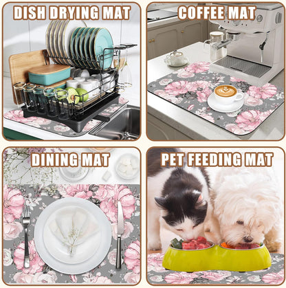 Pink Flowers and Leaves Coffee Mat Absorbent Dish Drying Mat for Kitchen Counter Hide Stain Rubber Backed Coffee Bar Accessories Fit Under Espresso Machine Cafe Table, 11.8 x 19.7 Inch
