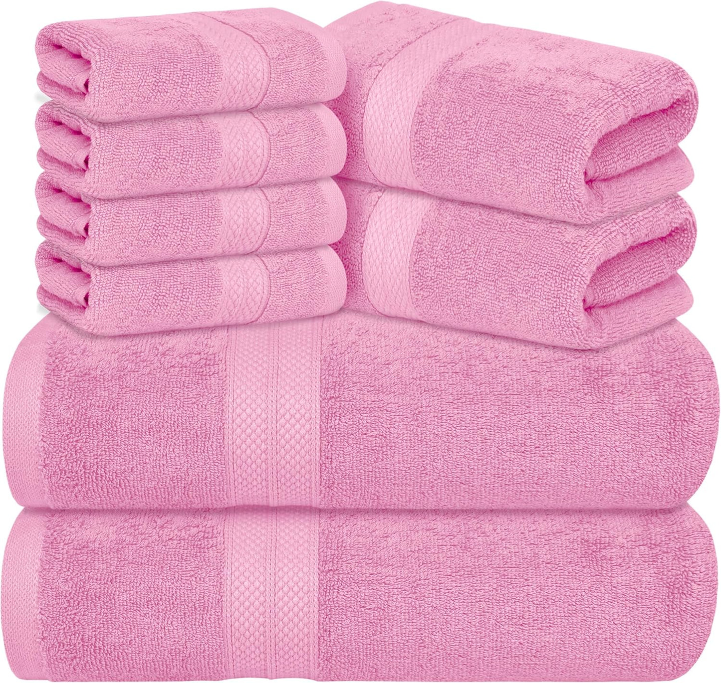 Avalon Towels Luxury 8 Piece Pink Towels Set, 2 Bath Towels, 2 Hand Towels and 4 Washcloths, 600 GSM 100% Ring Spun Cotton Highly Absorbent Pink Bathroom Towels, Ideal for Hotel, Spa and Gym