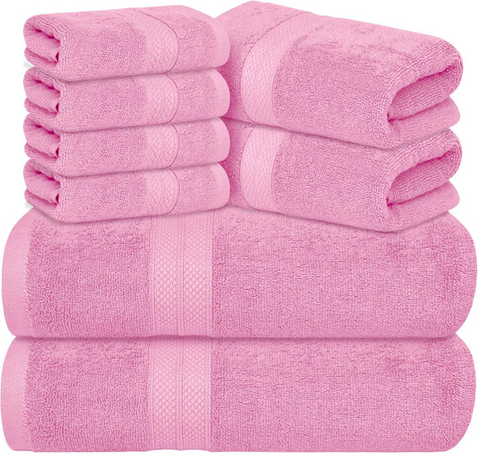 Avalon Towels Luxury 8 Piece Pink Towels Set, 2 Bath Towels, 2 Hand Towels and 4 Washcloths, 600 GSM 100% Ring Spun Cotton Highly Absorbent Pink Bathroom Towels, Ideal for Hotel, Spa and Gym