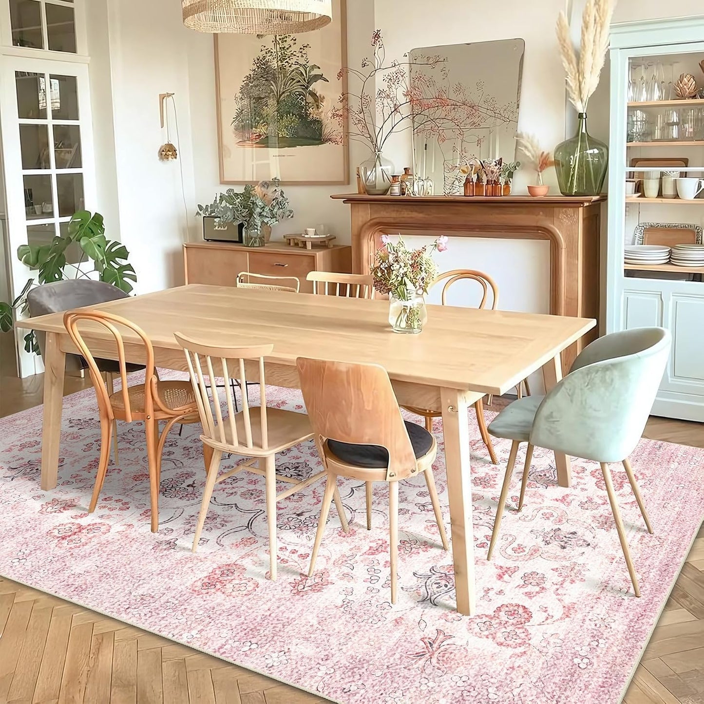 5x7 Area Rugs Washable,Pink Rug for Bedroom Living Room Kitchen Dining Room,Large Boho Vintage Bohemian Distressed Farmhouse Carpet Non Slip,Grey Blush Floral