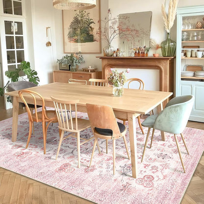 5x7 Area Rugs Washable,Pink Rug for Bedroom Living Room Kitchen Dining Room,Large Boho Vintage Bohemian Distressed Farmhouse Carpet Non Slip,Grey Blush Floral