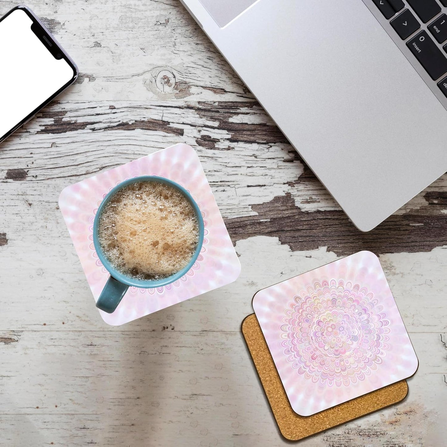 3dRose Light Pink Flower Mandala - Abstract Floral Design Set of 4 Coasters - Cork