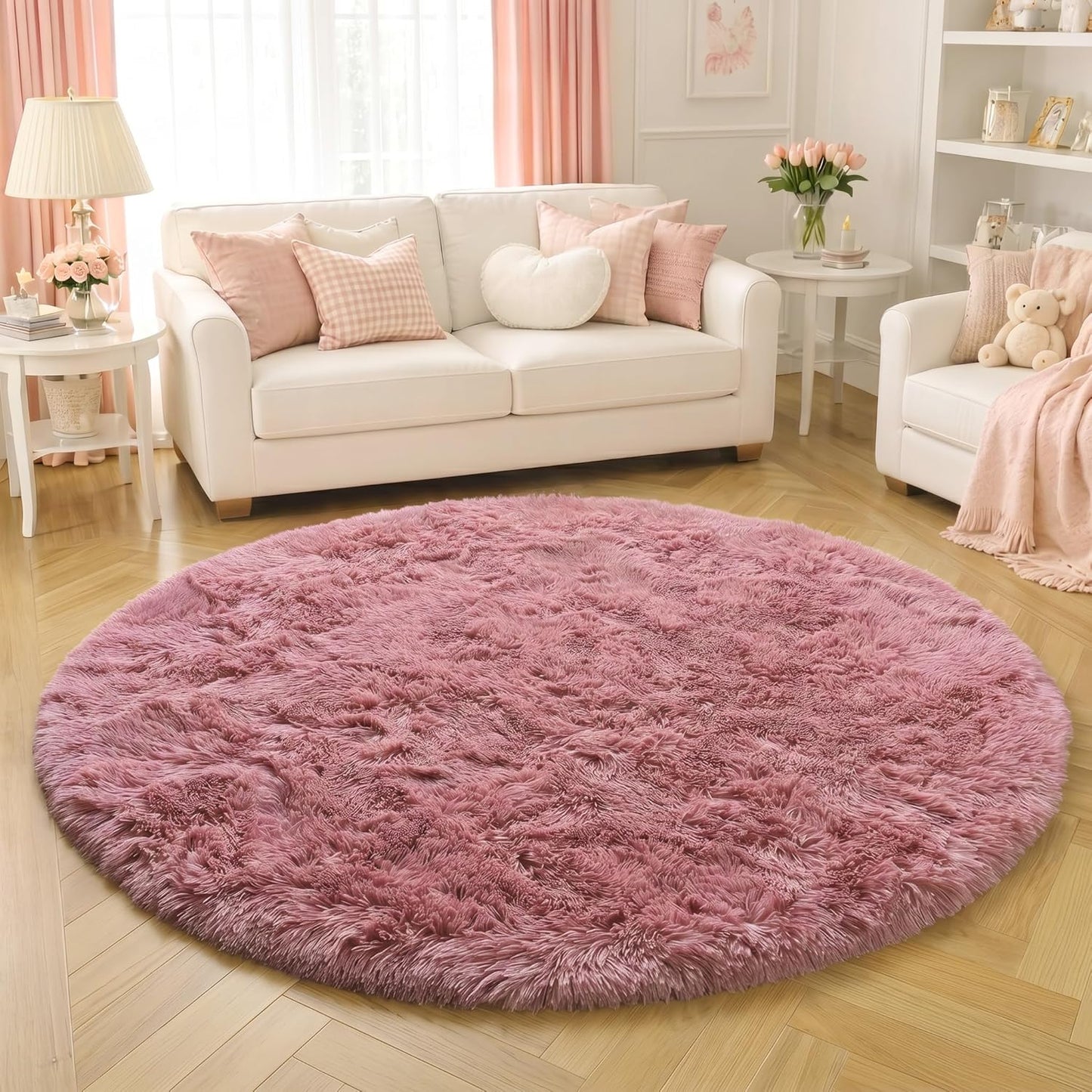 Amdrebio Blush Fluffy Round Rug 4Ft for Bedroom, Fuzzy Furry Circle Area Rugs for Kids Room Decor Aesthetic, Shaggy Circular Carpet for Girls Nursery Dorm Baby Teen, Cute Neutral Dusty Rose Mauve Rug