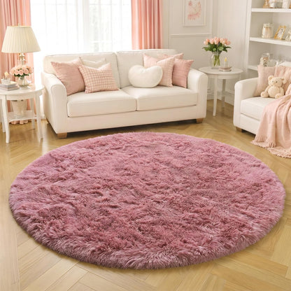 Amdrebio Blush Fluffy Round Rug 4Ft for Bedroom, Fuzzy Furry Circle Area Rugs for Kids Room Decor Aesthetic, Shaggy Circular Carpet for Girls Nursery Dorm Baby Teen, Cute Neutral Dusty Rose Mauve Rug